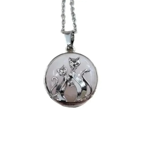 Rose Quartz Mother and Baby Cat Necklace with Natural Stone Center - Picture 1 of 6